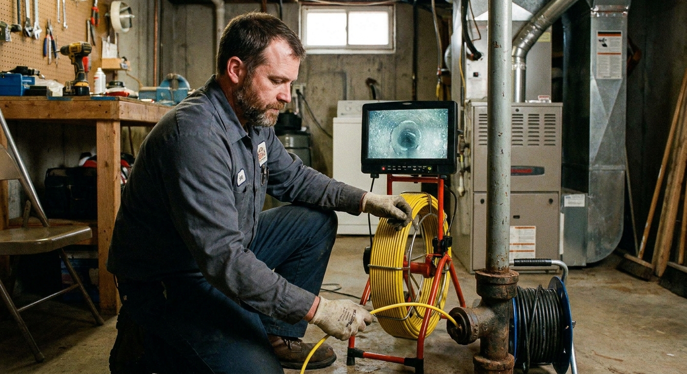 A plumber feeding a sewer inspection camera cable into a residential cleanout in a basement or utility area, real photo