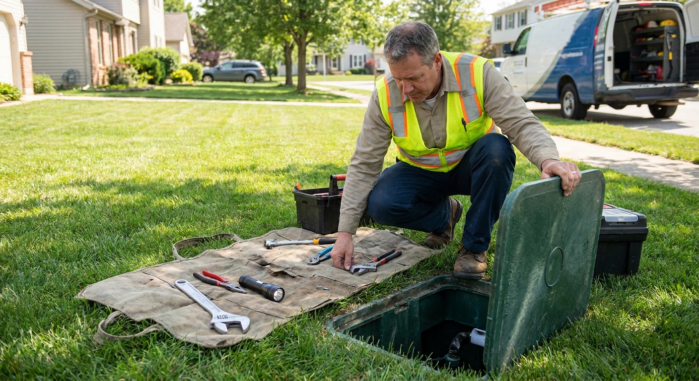 A plumber kneeling beside an outdoor grinder pump basin access cover with tools on the grass, realistic service call photo