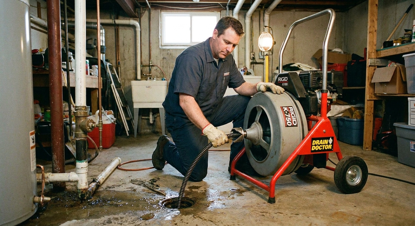 A plumber operating a drain cleaning machine with a cable and cutting head in a residential basement near a floor drain, indoor photo