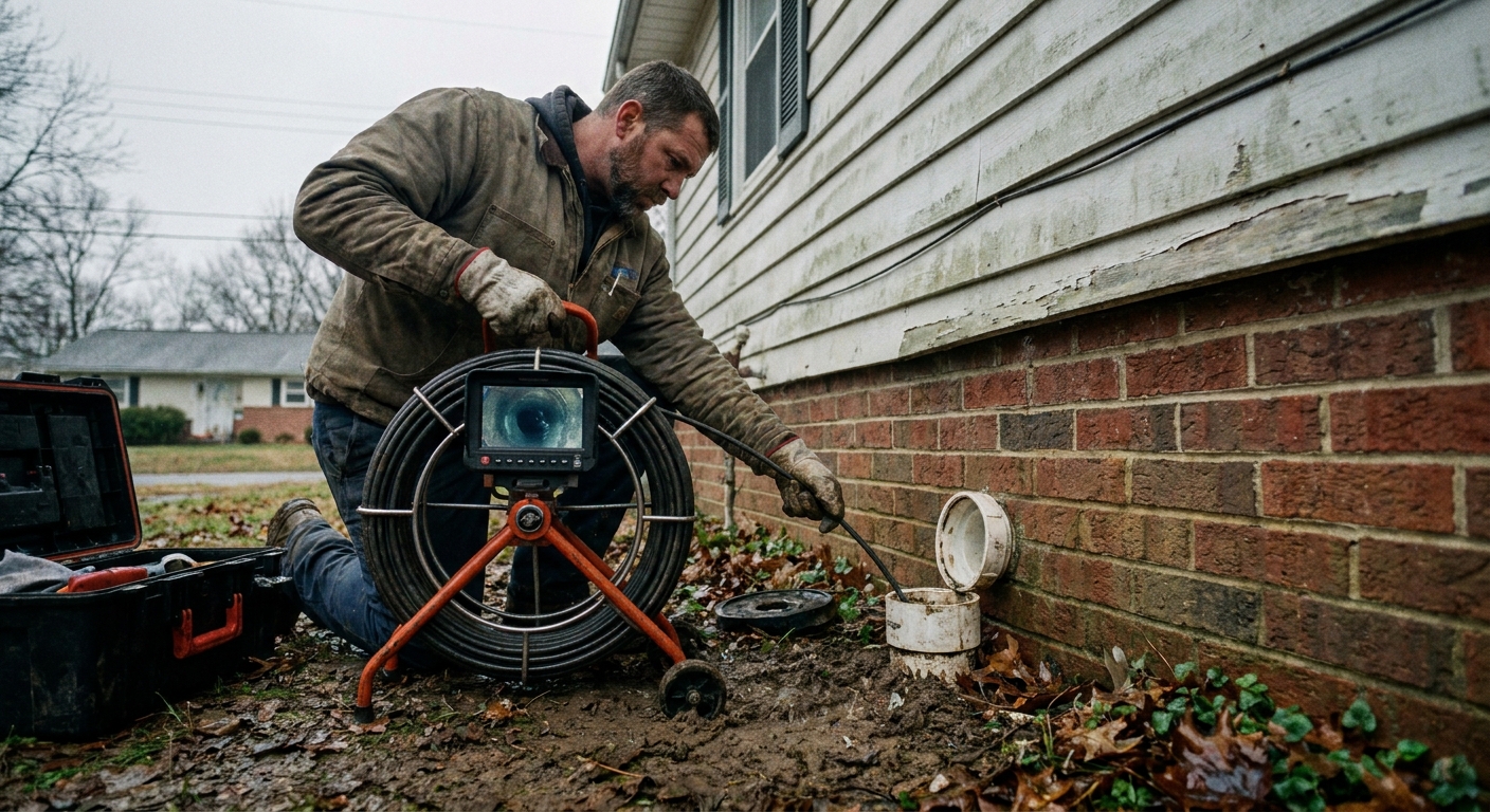 A plumbing technician holding a sewer inspection camera reel beside an open outdoor cleanout next to a house, overcast daylight photo