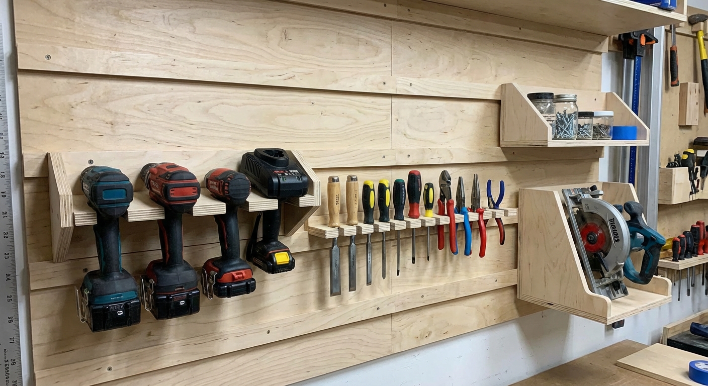 A plywood French cleat wall with several removable tool holders for drills, hand tools, and a small shelf