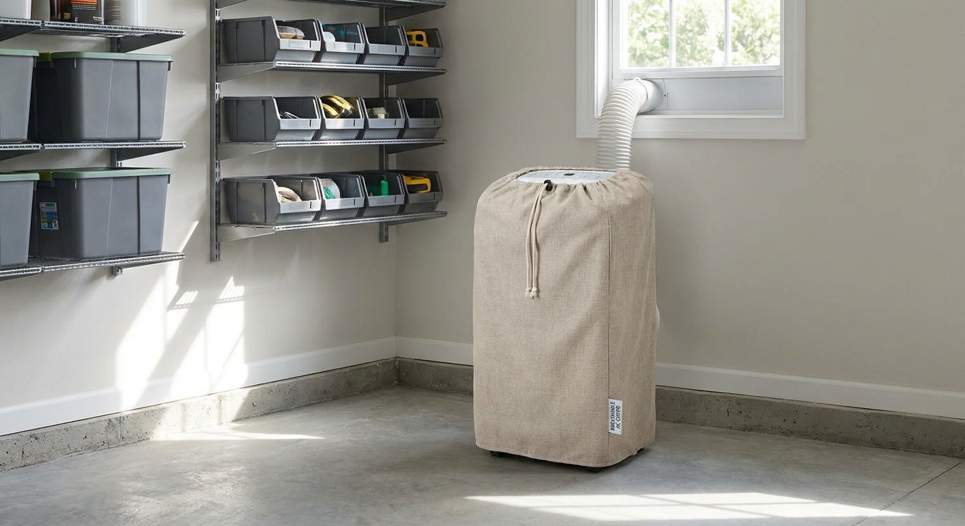 A portable air conditioner standing upright in a clean garage corner with a breathable cover draped over it