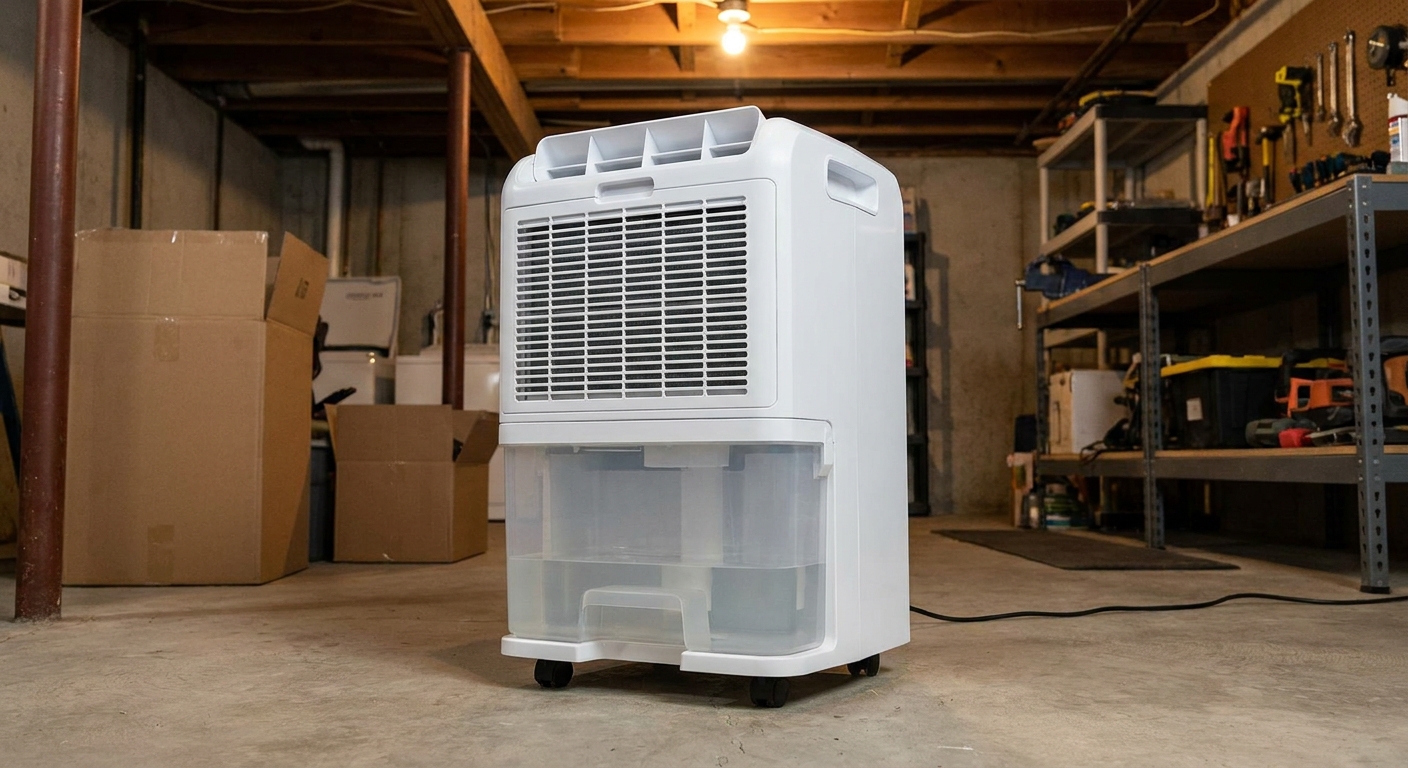 A portable dehumidifier positioned in an open basement area with clear space around the intake and exhaust vents, real photo