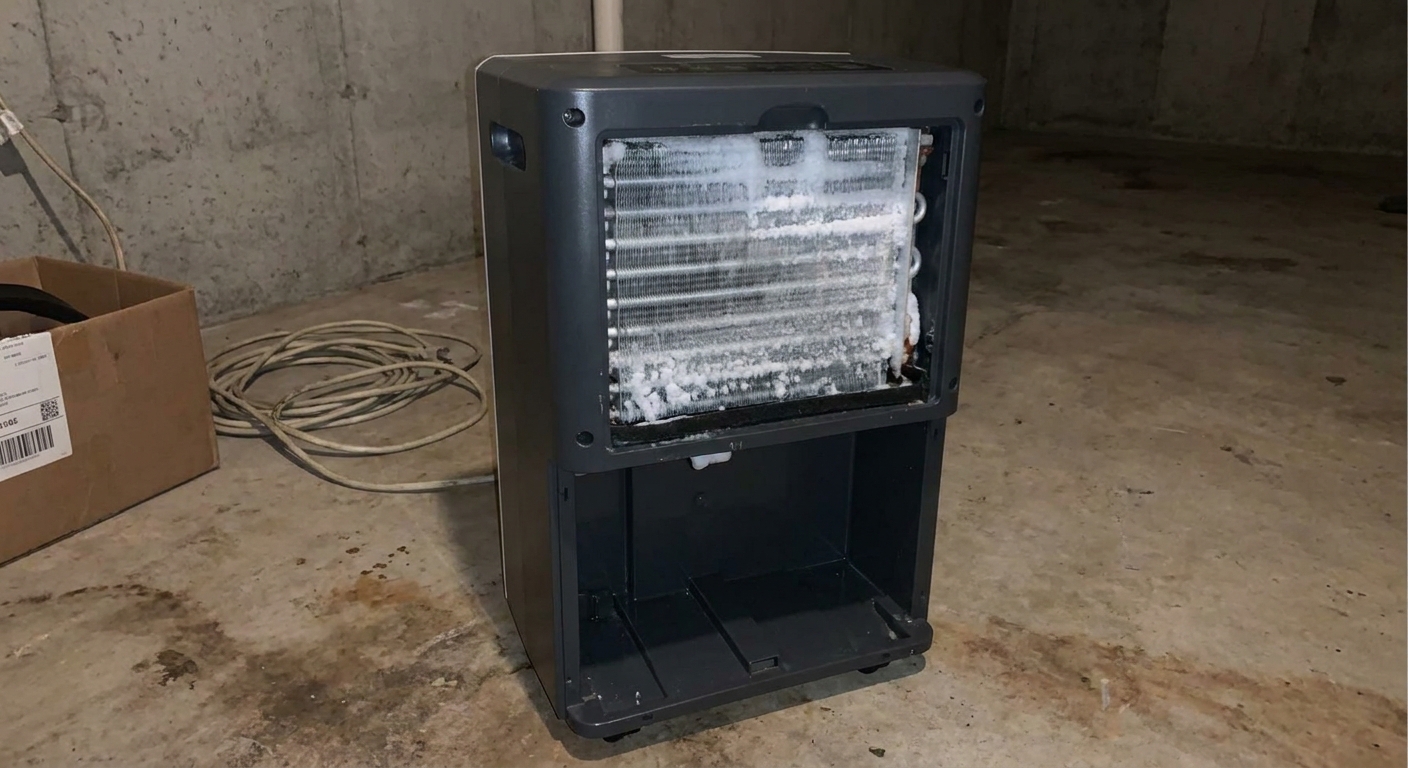 A portable dehumidifier sitting on a basement floor with its front cover removed, showing evaporator coils covered in white frost, real photo