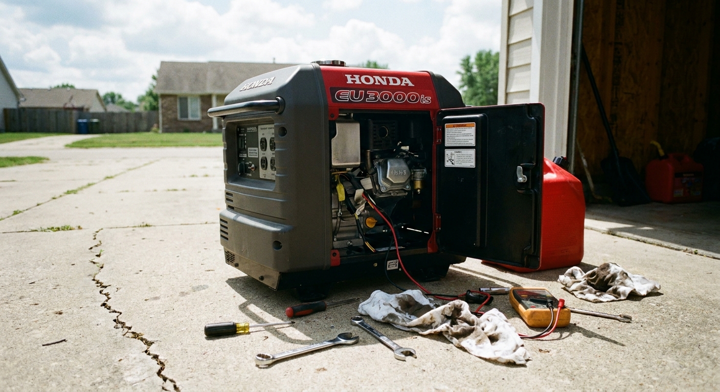 A portable generator sitting on a driveway with its side panel open, tools nearby, photographed in natural daylight