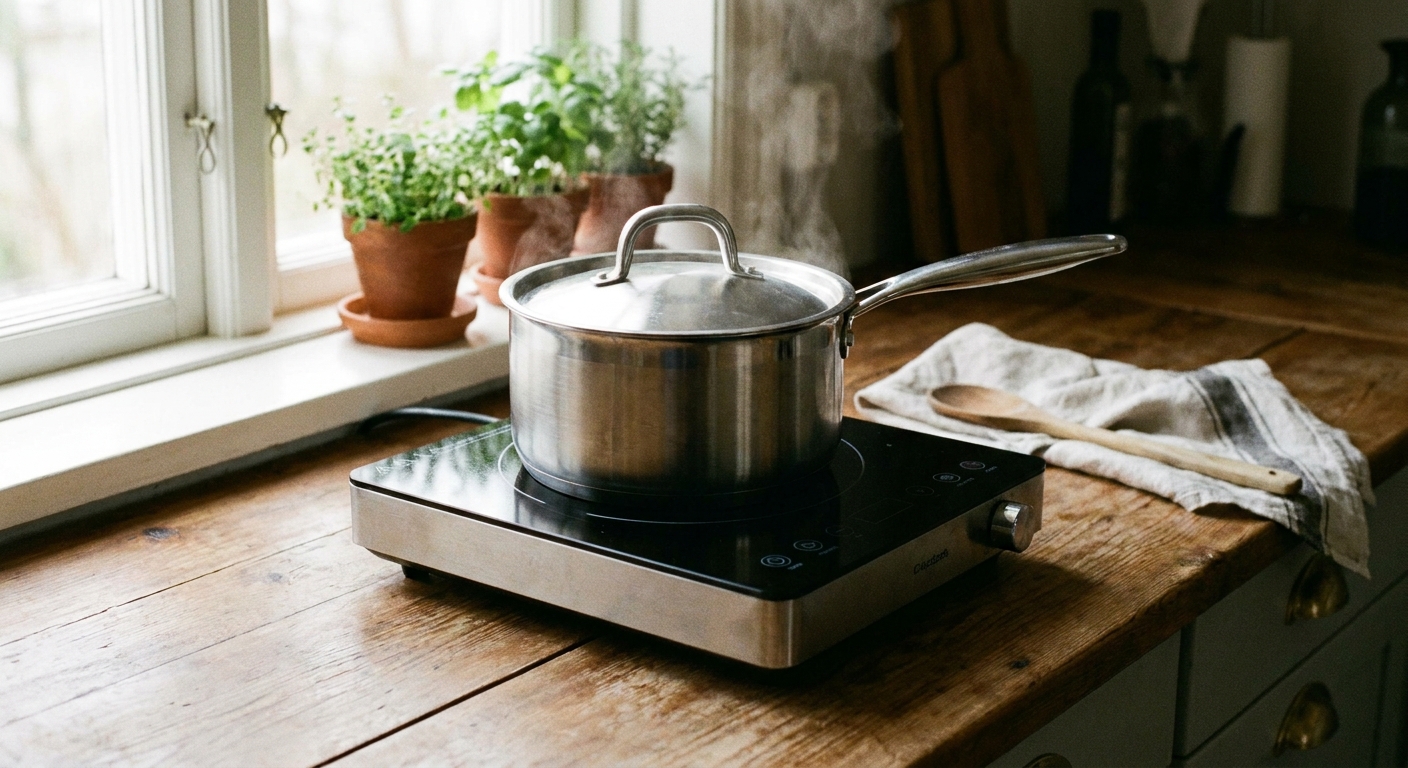A portable induction cooktop on a kitchen counter with a stainless steel pot centered on the burner, photographed in natural window light