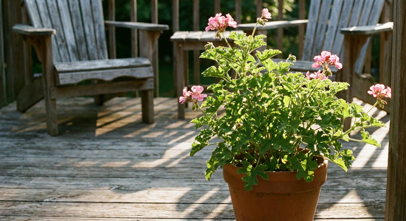 A potted citronella geranium on a wooden deck beside outdoor chairs, late afternoon light, shallow depth of field, photorealistic