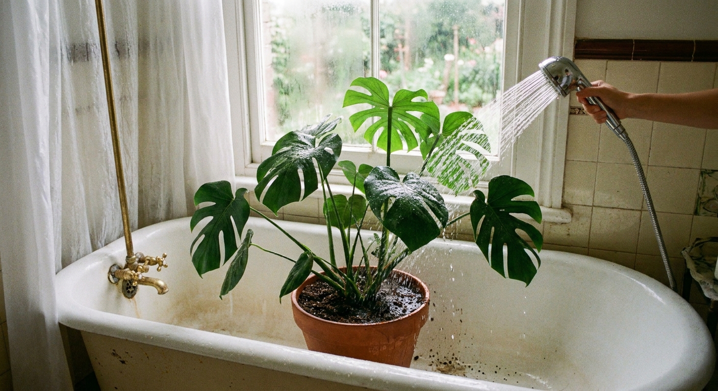 A potted houseplant isolated in a bathtub for rinsing