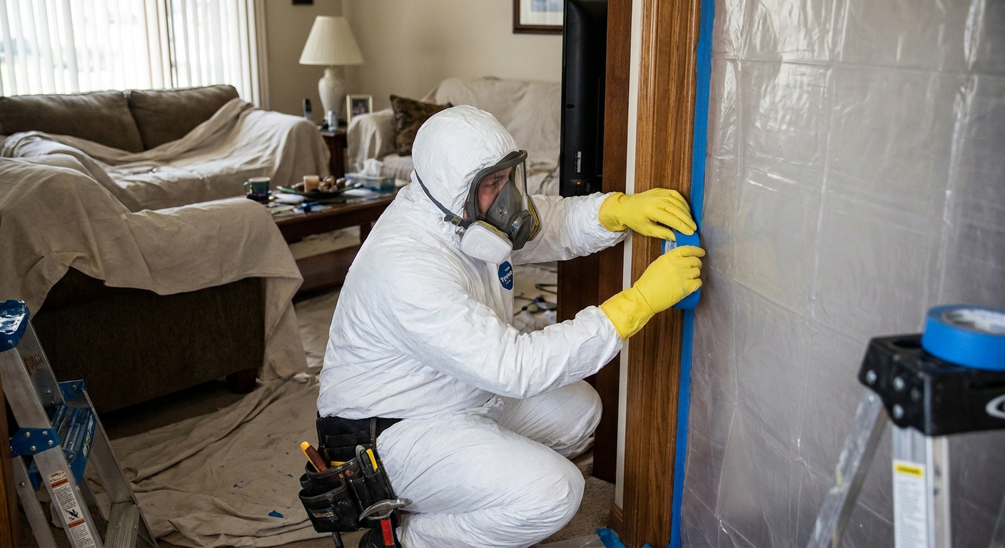 A professional abatement worker in a protective suit and respirator taping plastic sheeting over a doorway to seal a room in a residential home