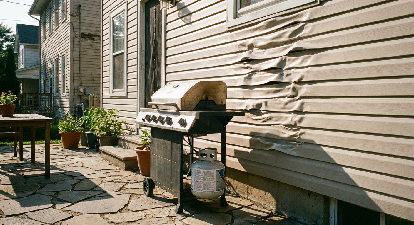 A propane grill on a backyard patio positioned near a house wall with visibly warped vinyl siding behind it, real-life outdoor photo