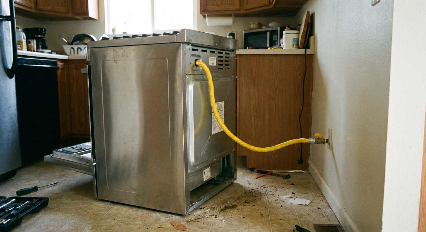 A pulled-out kitchen range showing a yellow flexible gas connector attached to the stove and shutoff valve, realistic home maintenance photograph