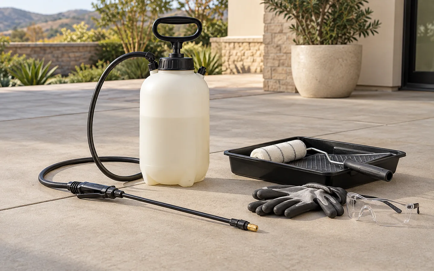 A pump sprayer being used to spot-treat a patch of broadleaf weeds in a lawn near a driveway edge