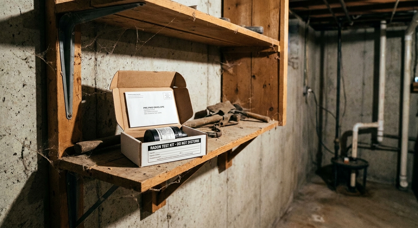 A radon mail-in test kit sitting on a small shelf in a basement, positioned away from windows and exterior walls