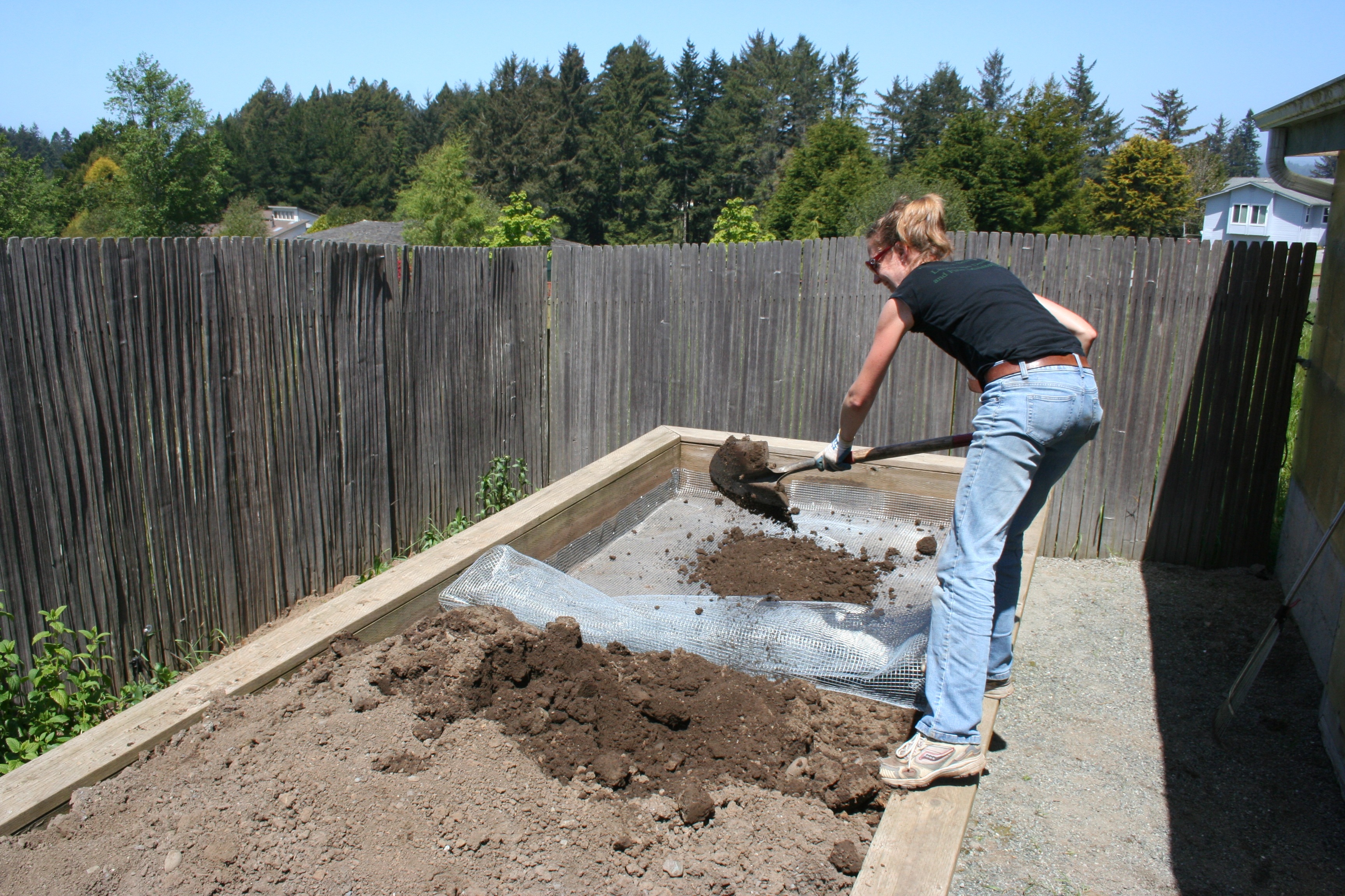 A raised garden bed under construction with galvanized wire mesh being fitted and stapled in place before soil is added, outdoor photo