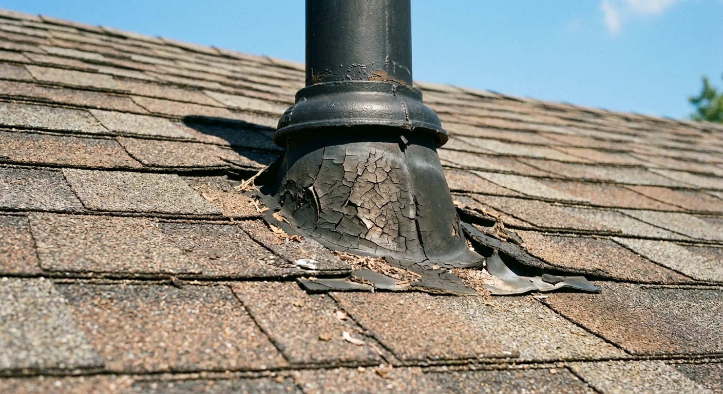 A real asphalt shingle roof with a plumbing vent pipe and a cracked rubber vent boot flashing, photographed on a clear day