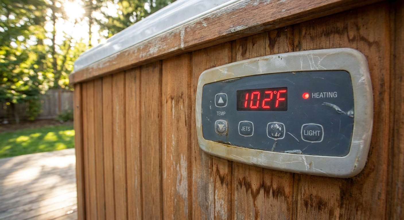 A real backyard hot tub control panel showing the current water temperature and a heating indicator light, photographed in natural daylight