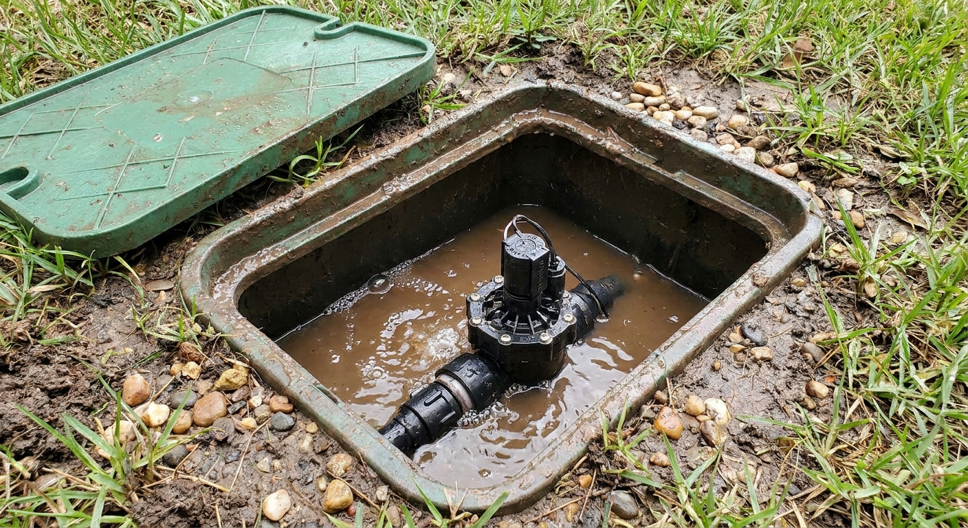 A real backyard irrigation control valve box open with water flowing around a plastic sprinkler valve, natural outdoor lighting
