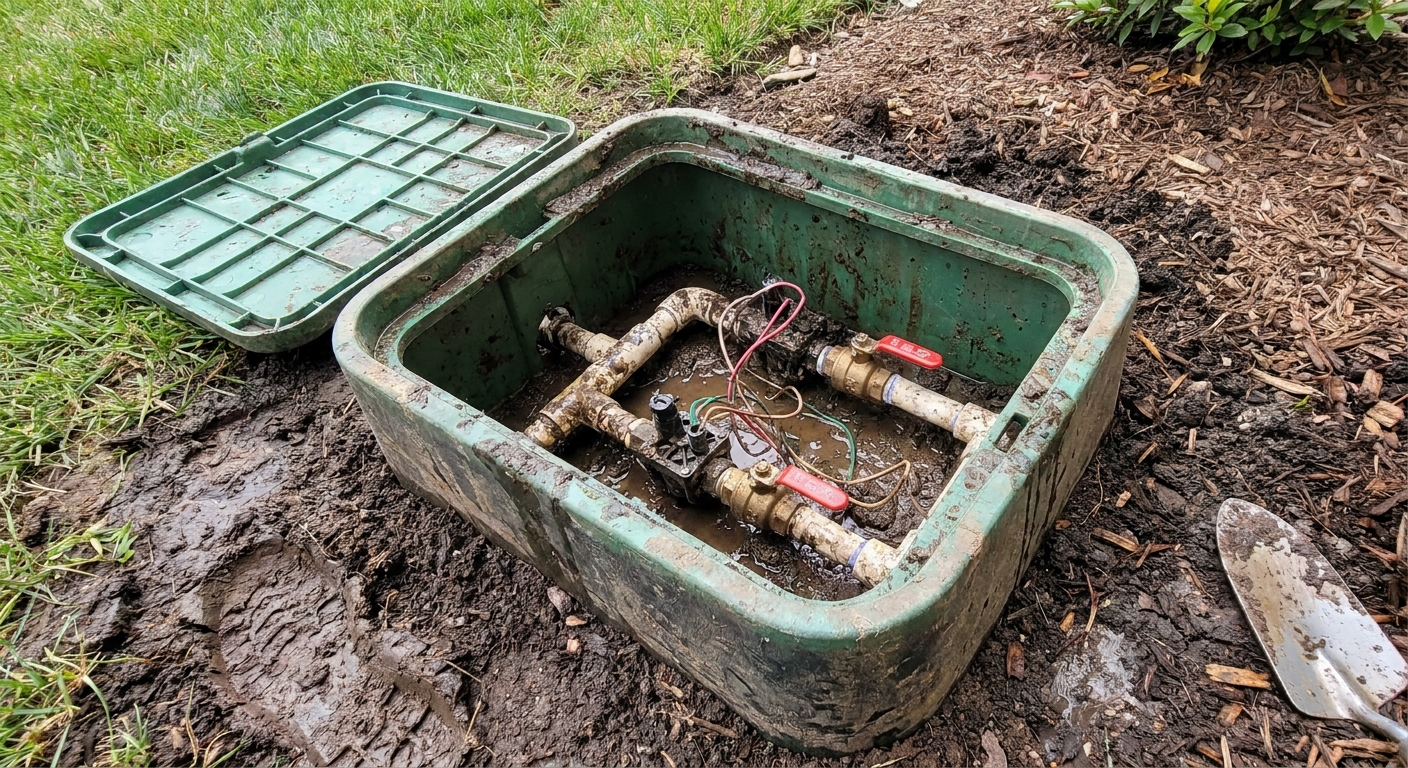A real backyard irrigation valve box with the lid open, damp soil visible around the valves, photographed outdoors