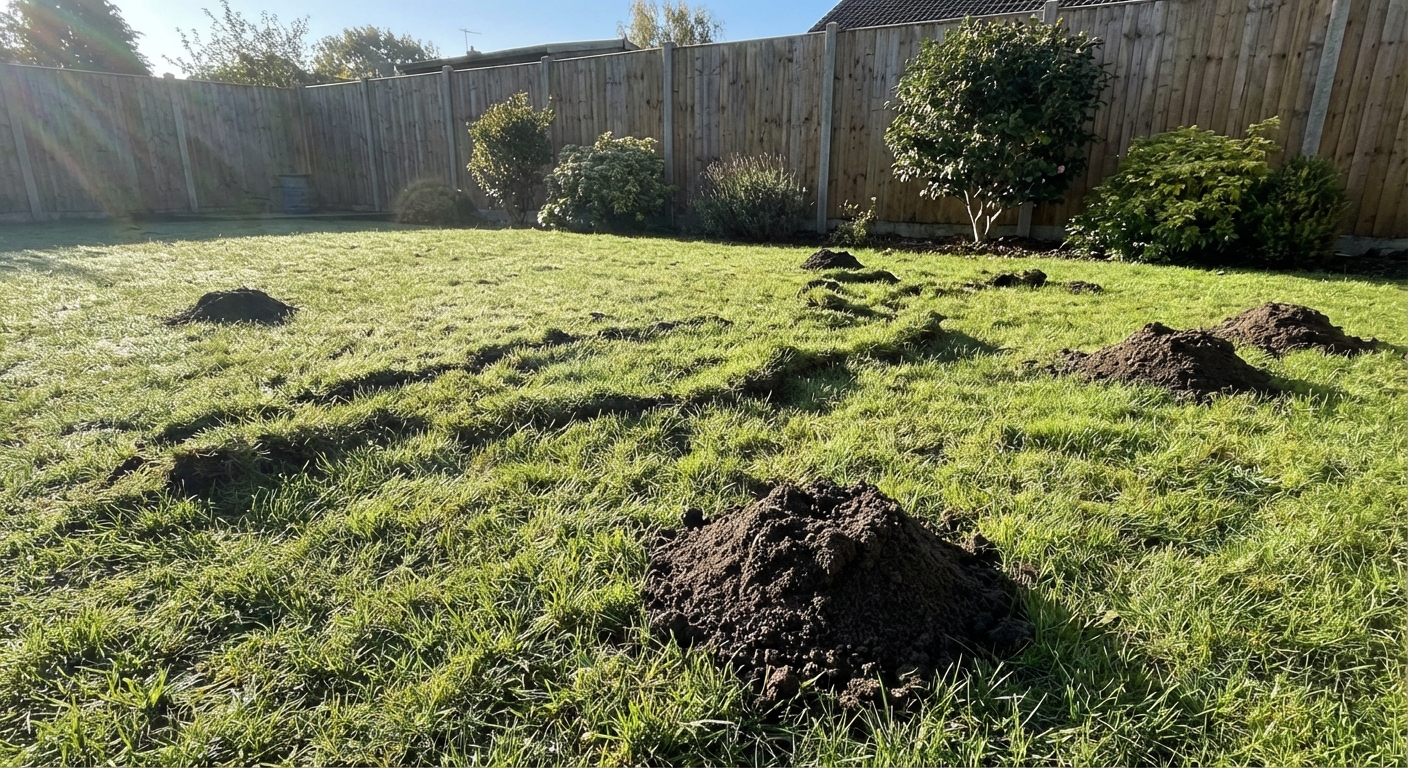 A real backyard lawn with fresh mole mounds and raised surface tunnels visible in the grass on a bright morning, natural outdoor photography