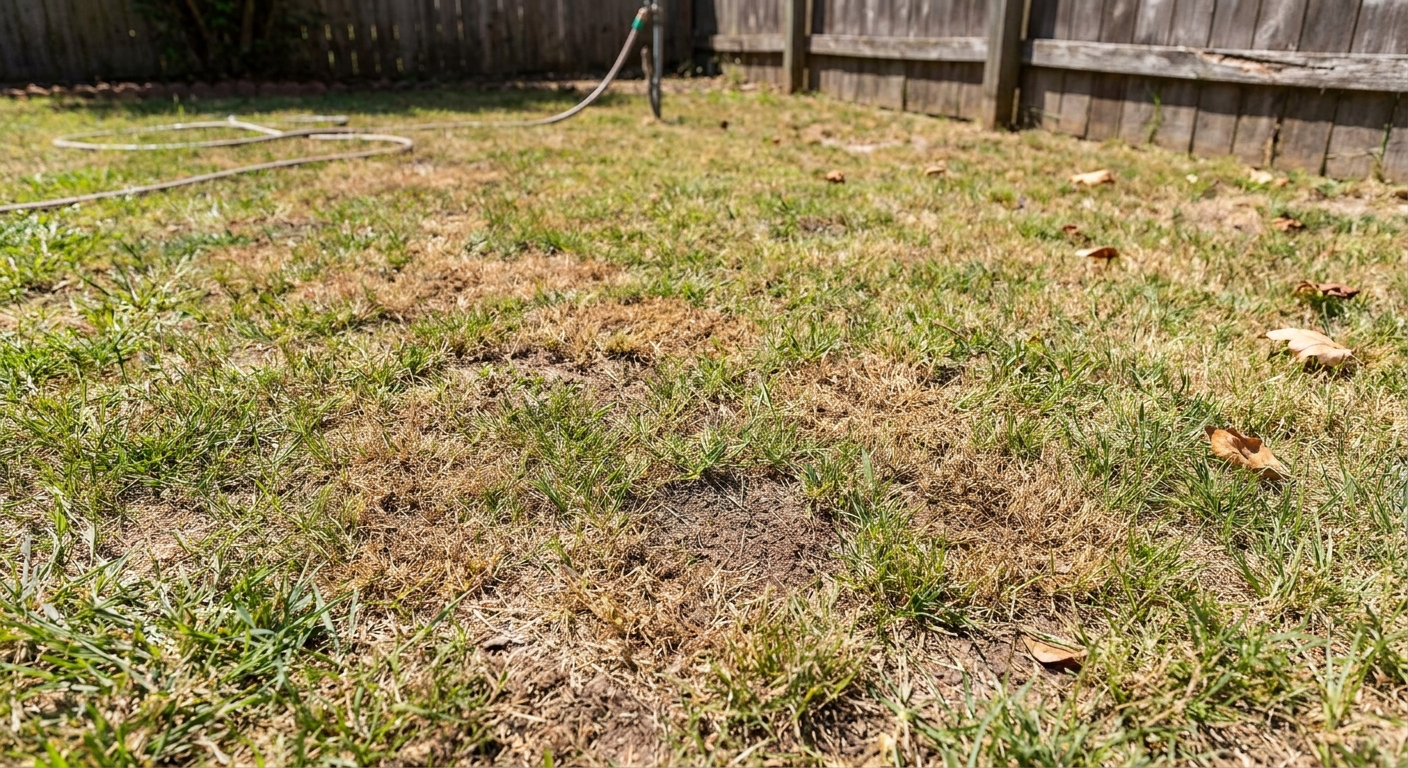 A real backyard lawn with irregular brown patches and thinning grass during summer, photographed at ground level