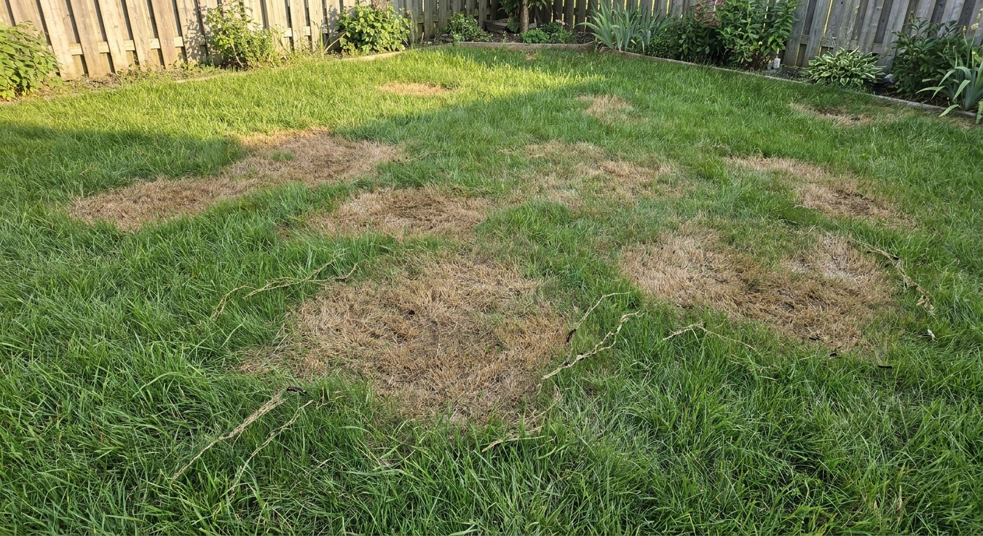 A real backyard lawn with irregular brown patches spreading through otherwise green turf after caterpillar feeding, photographed in natural daylight