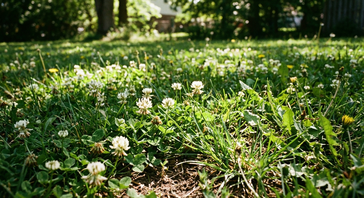 A real backyard lawn with scattered patches of white clover blooms mixed into turfgrass, shot at ground level in natural daylight