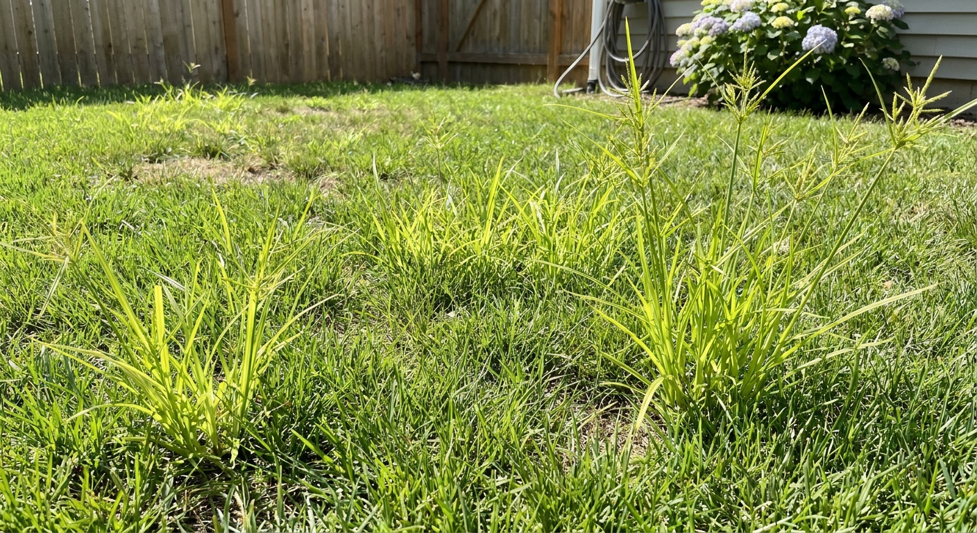 A real backyard lawn with several bright green nutsedge shoots standing taller than surrounding turfgrass in mid-summer sunlight