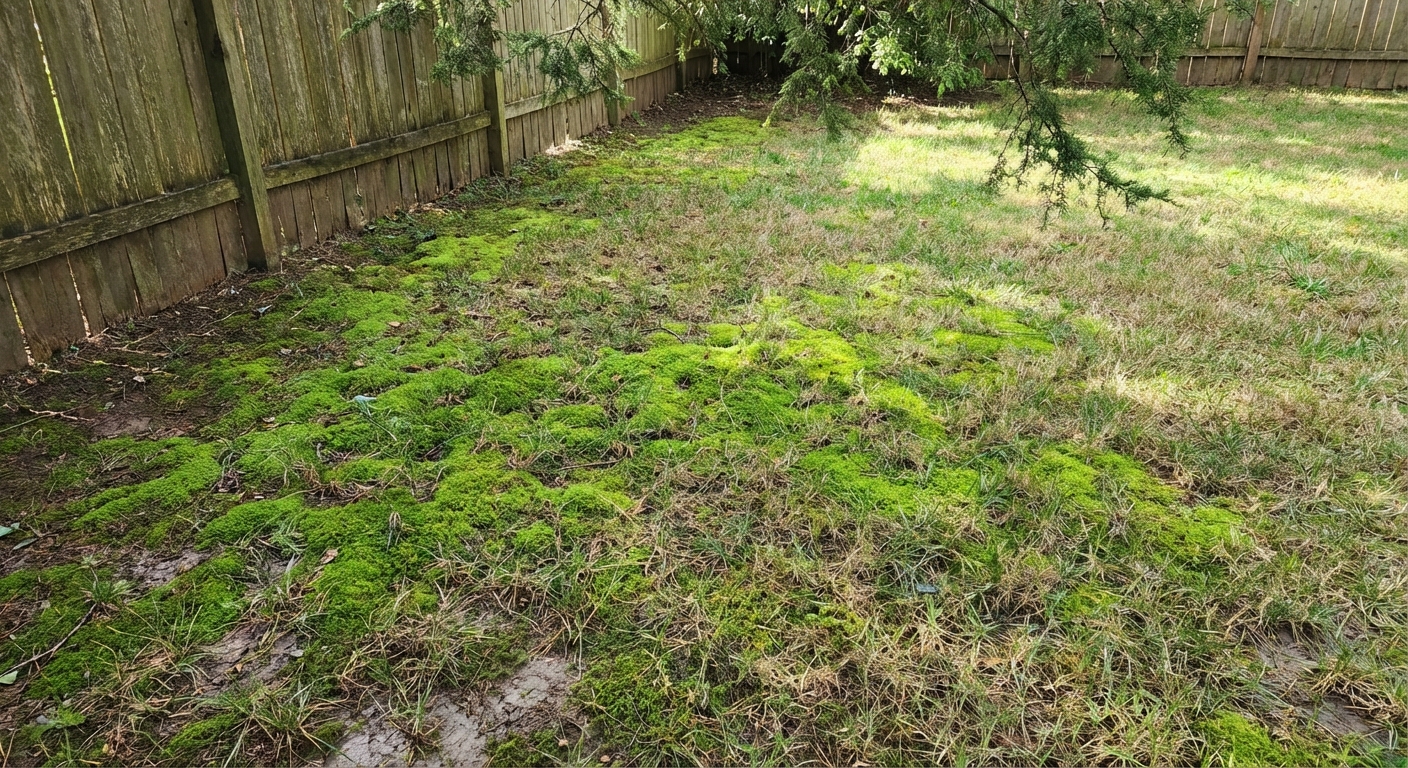 A real backyard lawn with visible patches of bright green moss spreading through thin grass in a shaded area near a fence line, natural daylight, photorealistic