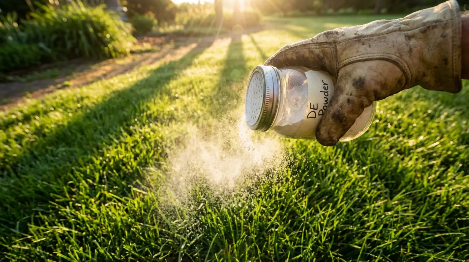A real backyard scene with a sunny lawn meeting a shaded, weedy fence line and tall grass at the border, showing a typical chigger habitat area