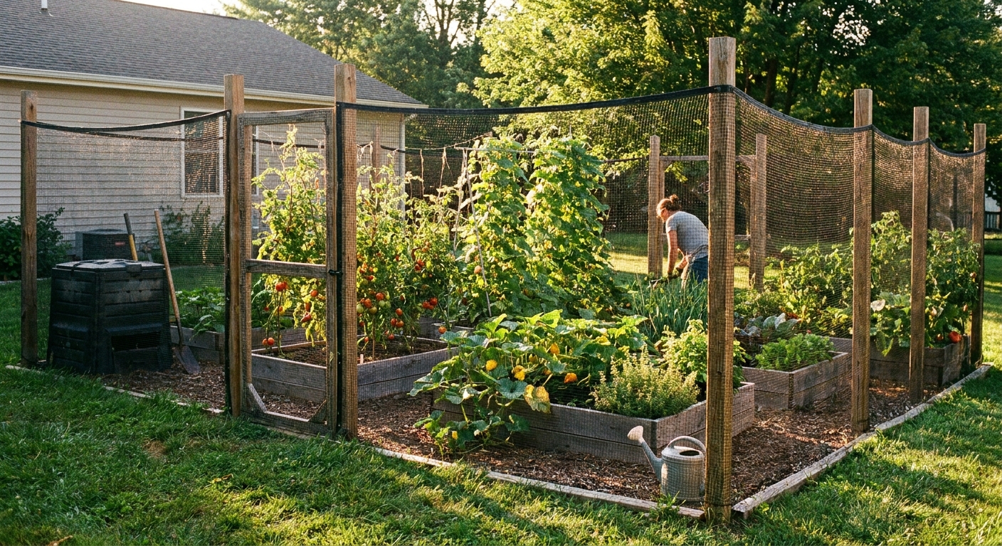 A real backyard vegetable garden with an 8-foot black mesh deer fence stretched tightly between posts, late afternoon sunlight