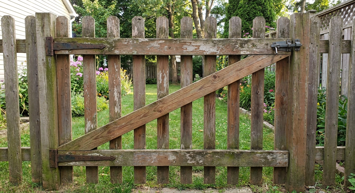 A real backyard wood fence gate with a diagonal wooden brace installed from the bottom hinge side up to the top latch side