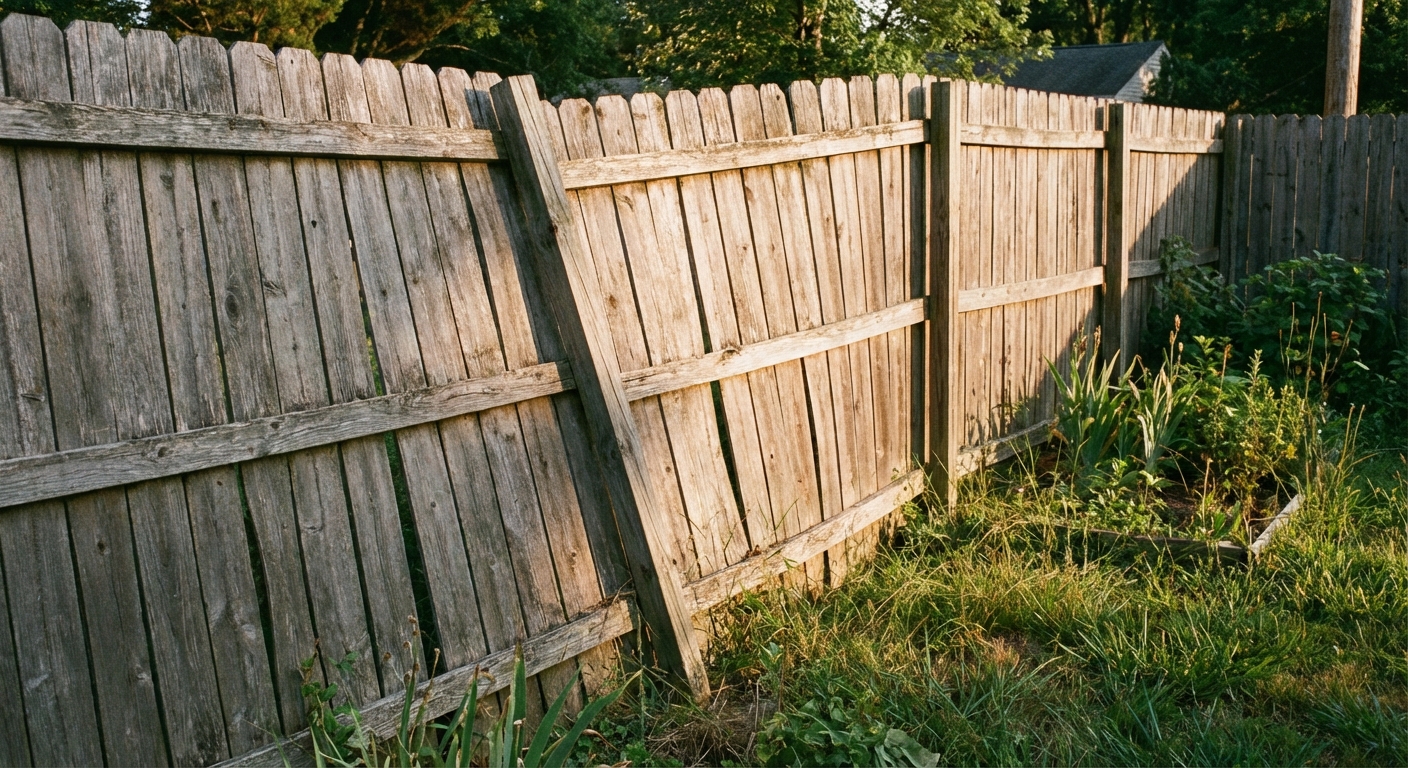 A real backyard wood privacy fence with one post leaning noticeably, afternoon light, natural colors, photorealistic