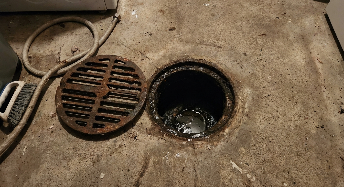 A real basement laundry room floor drain with the metal grate set to the side on the concrete, showing the open drain ready to be filled with water