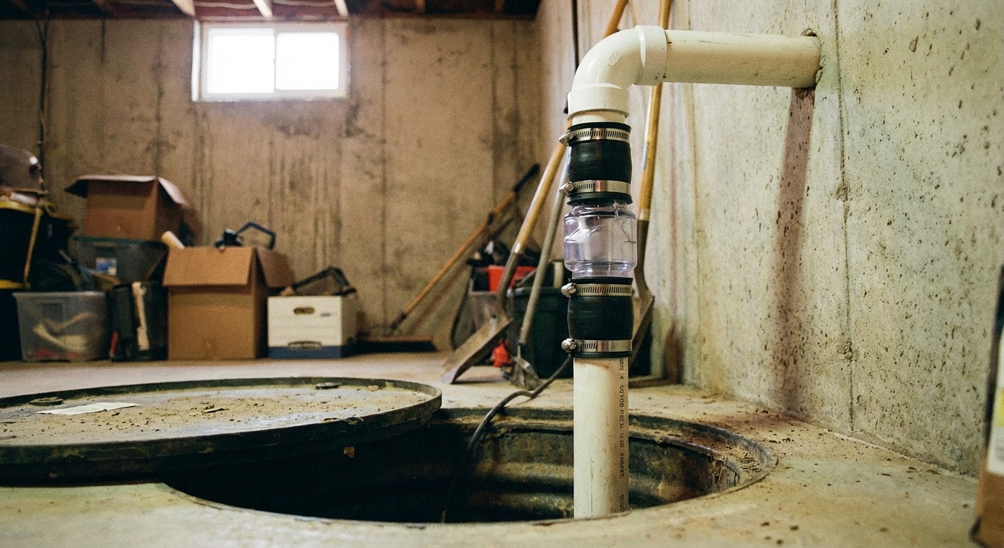 A real basement photo showing a sump pump discharge pipe with a check valve and two rubber couplings secured by stainless hose clamps