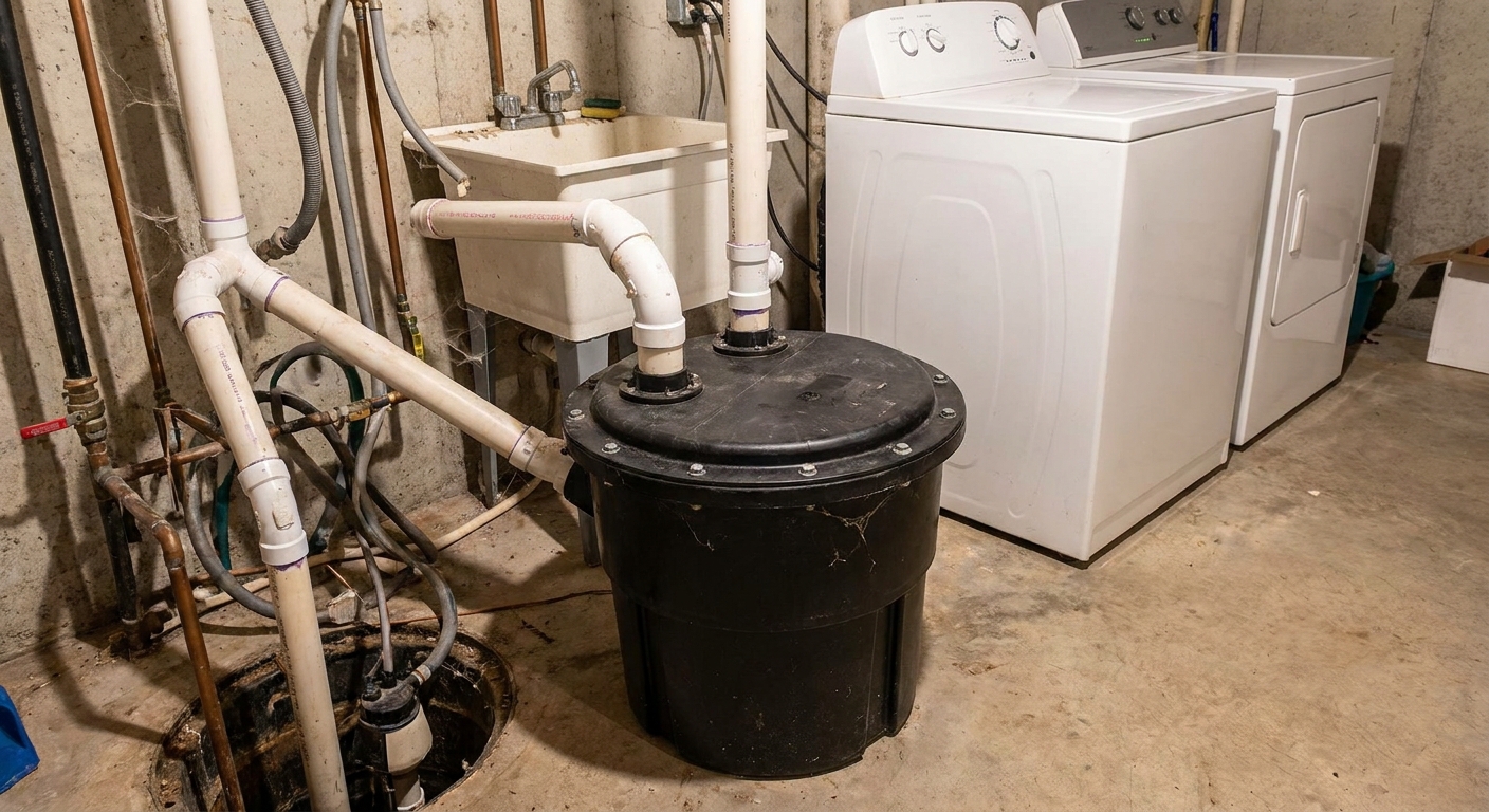 A real basement sewage ejector pump basin with a sealed lid and vent pipe, photographed next to laundry plumbing in a utility area