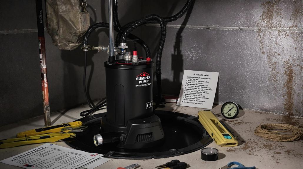 A real basement sump pit with a primary sump pump and a battery backup pump beside it, with a deep-cycle battery and control box mounted nearby, natural indoor lighting