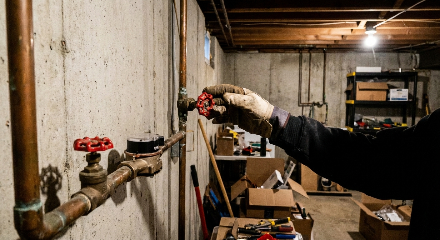 A real basement utility area with a main water shutoff valve on a copper pipe and a hand reaching toward the valve