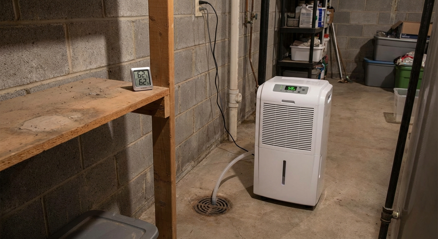 A real basement utility room with a portable dehumidifier running next to a floor drain, with cinderblock walls and a hygrometer reading visible on a shelf, photorealistic