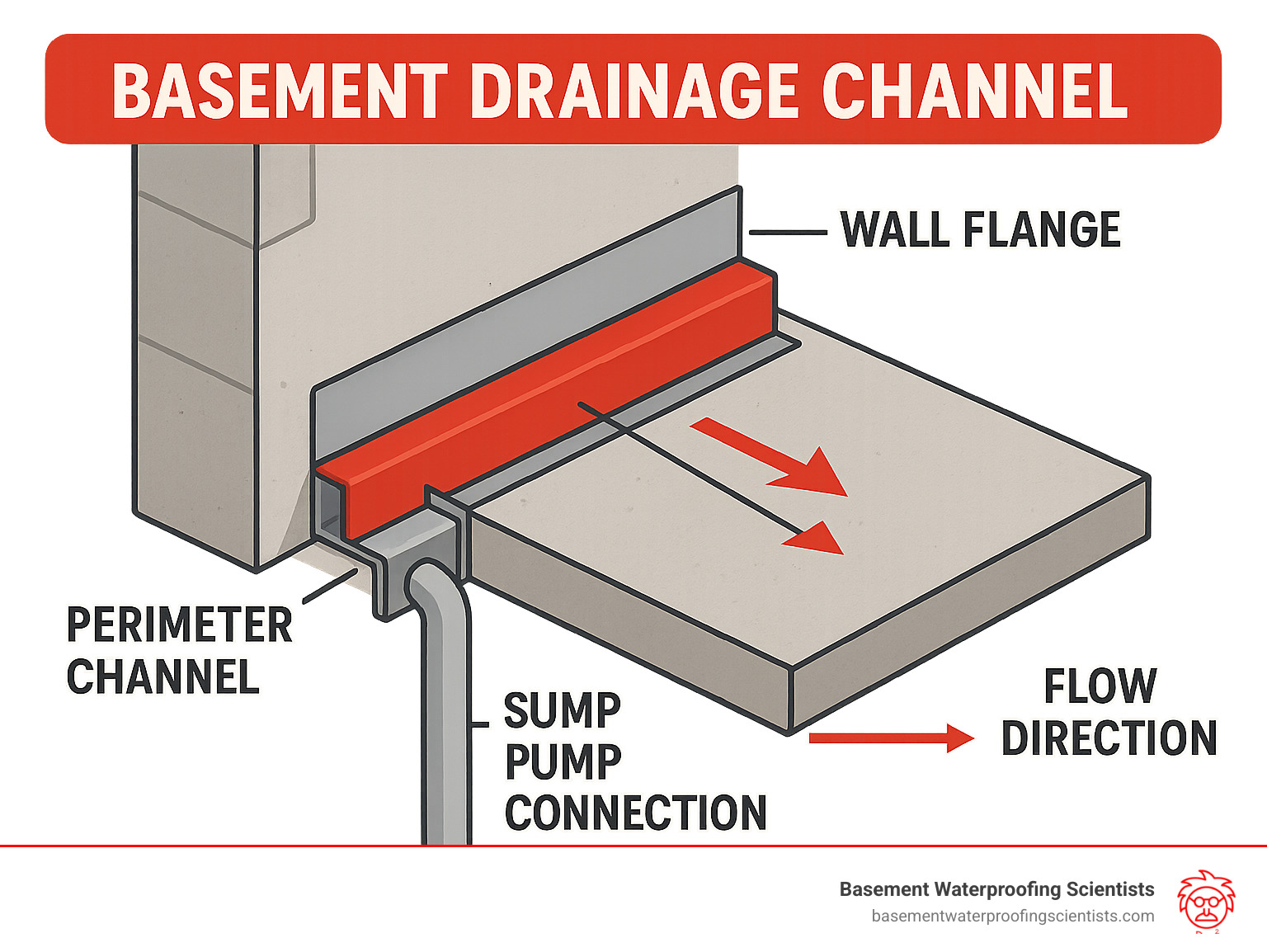 A real basement with a concrete floor where a round floor drain is overflowing with murky water, with a small puddle spreading across the slab under typical overhead basement lighting