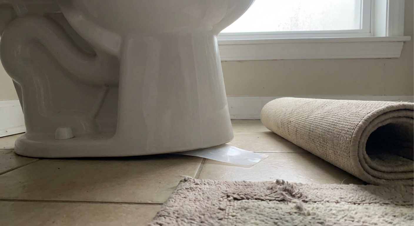 A real bathroom photo shot at floor level showing a toilet base slightly lifted on one side with a thin plastic shim visible near the edge of the toilet, neutral lighting, realistic home setting