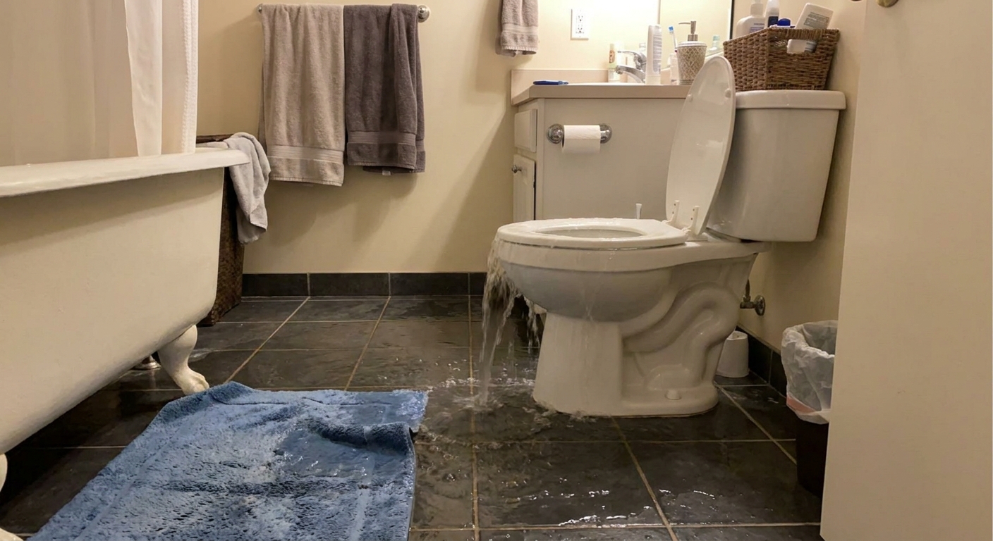 A real bathroom scene with a toilet actively overflowing and water spreading across a tile floor toward a bath mat, indoor home photography style