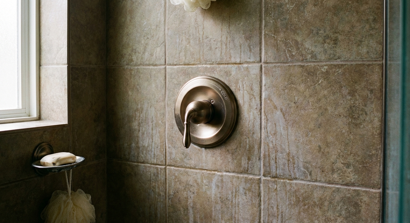 A real bathroom shower wall with a single-handle shower valve trim plate and handle, photographed straight on in natural indoor light