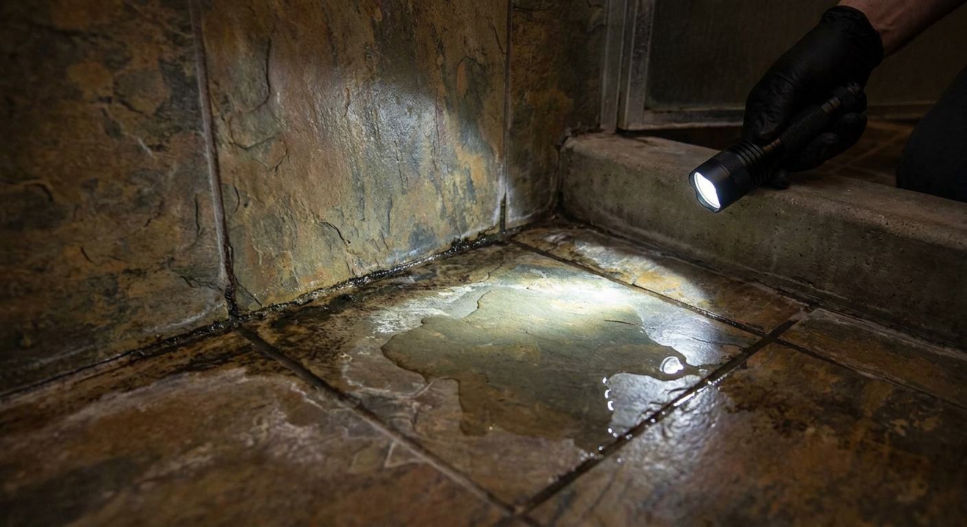A real bathroom shower with a tiled floor and a small puddle of water near the curb, with a flashlight shining across the grout lines to check for wet spots