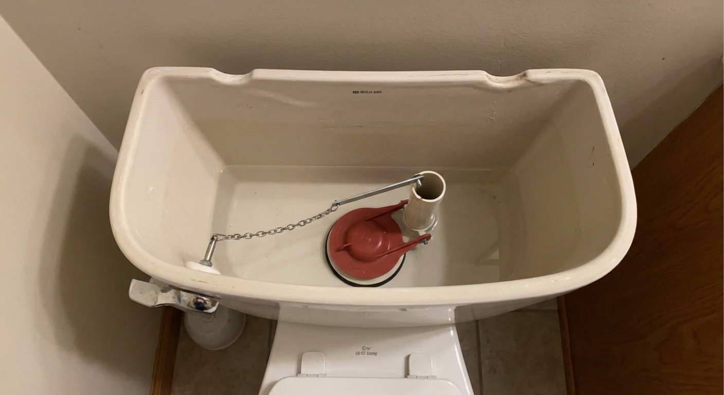 A real bathroom toilet with the tank lid removed, showing the flapper valve sitting over the flush valve opening with the chain attached to the handle lever, natural indoor lighting, photorealistic