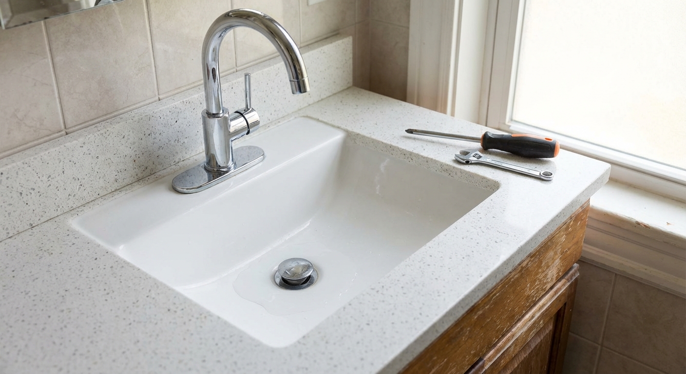 A real bathroom vanity sink with water pooling slightly around the drain, a chrome faucet above, and a clean countertop with a couple of basic tools nearby, natural indoor lighting, photorealistic