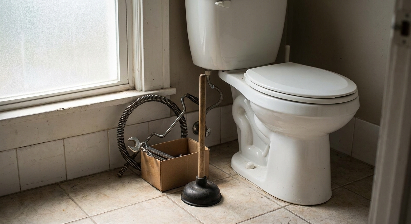 A real bathroom with a standard white toilet next to a small stack of basic plumbing tools on the floor, including a plunger and a toilet auger, natural window light, photorealistic