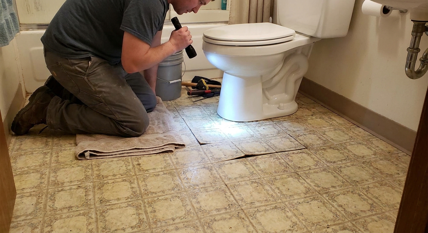 A real bathroom with a vinyl or tile floor where the area around the toilet looks slightly sunken, with a homeowner kneeling nearby to inspect the floor surface