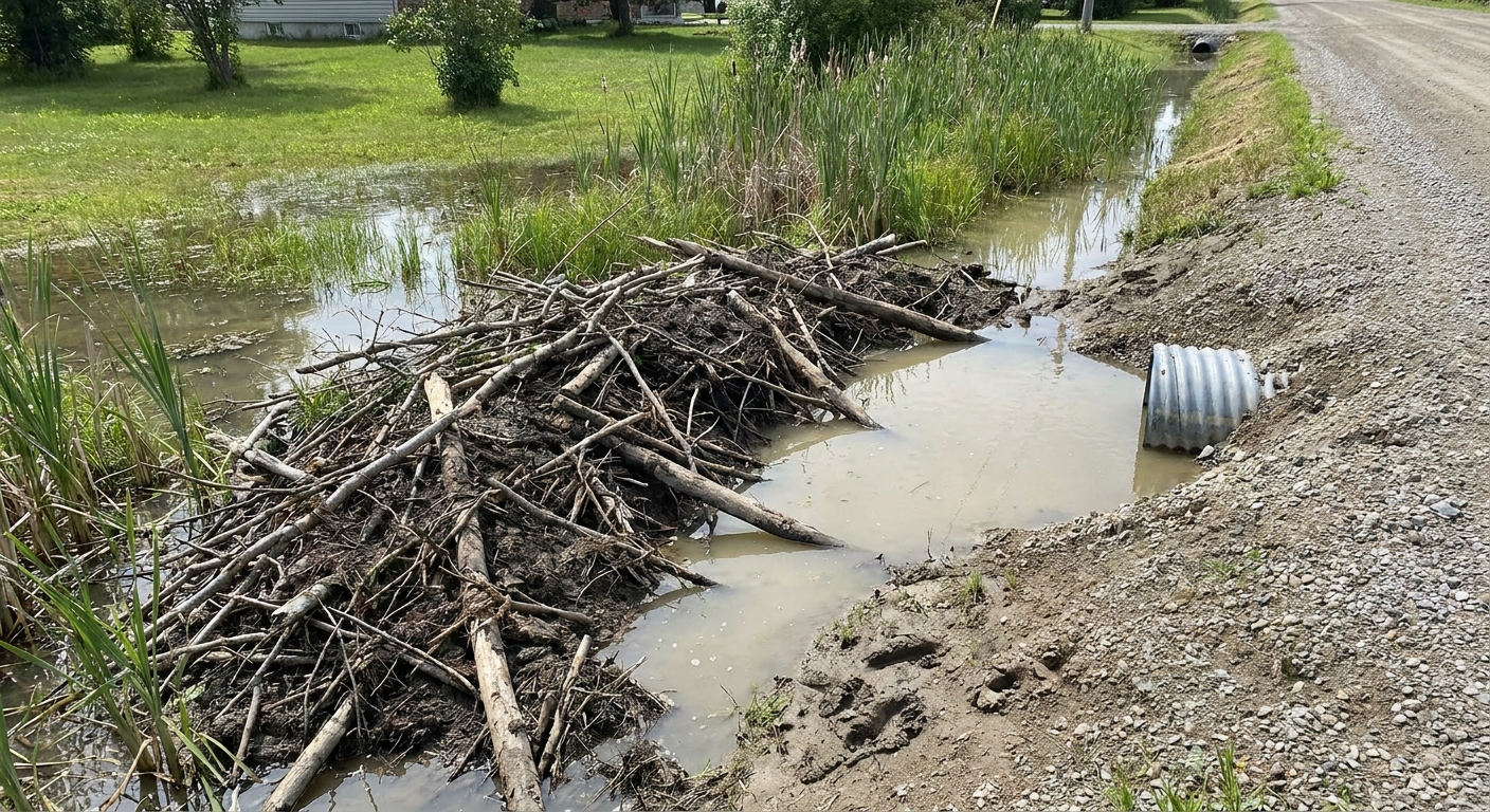 A real beaver dam made of sticks and mud holding back water in a roadside ditch near a culvert, with pooled water spreading into a grassy yard, natural light documentary photo