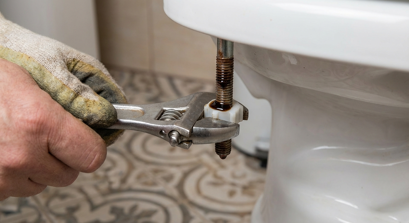 A real close-up photo from the side of a toilet bowl showing a hand using an adjustable wrench on the plastic nut under the toilet seat bolt, with a small amount of penetrating oil on the threads, bathroom tile floor in the background