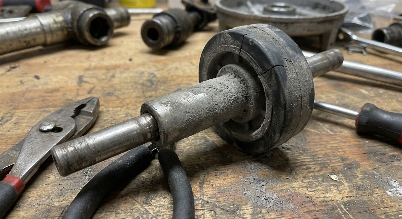 A real close-up photo of a dryer drum support roller assembly removed from a dryer, showing a worn rubber roller on its shaft, workshop background with simple hand tools